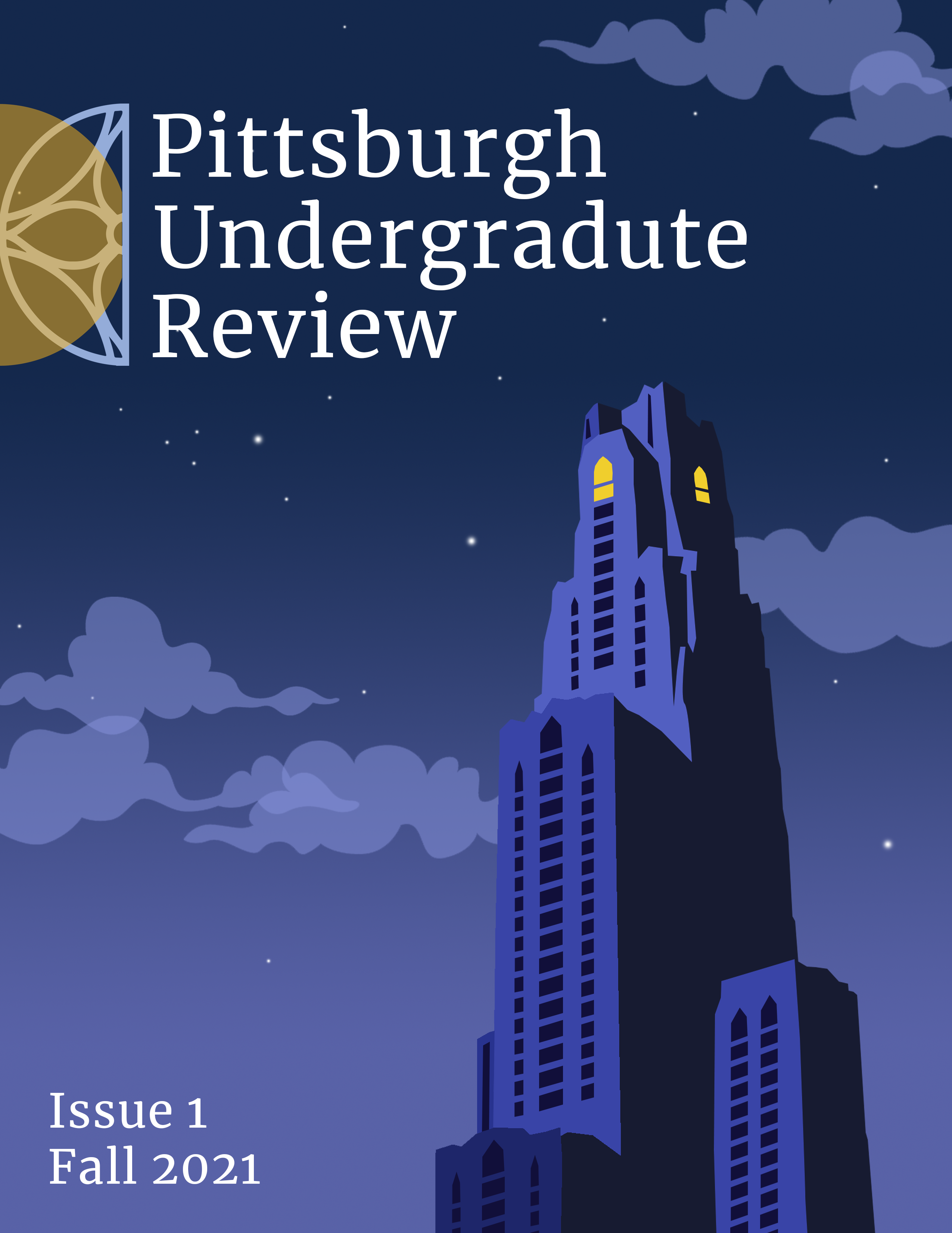 Cover image of issue 1. View of Cathedral of Learning against a night sky, with PUR logo. Light appears on on the 36th floor.